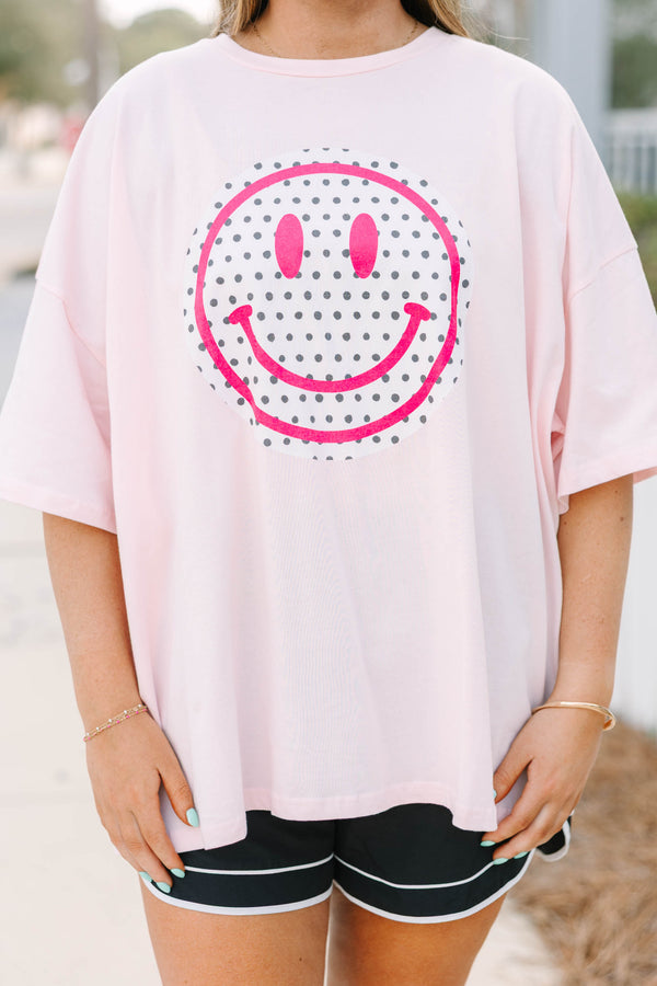 Chic Soul plus size clothing, cream pink oversized boyfriend tee with polka dot smiley face graphic