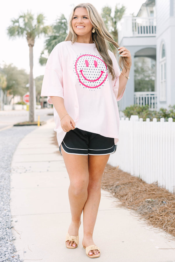 Chic Soul plus size clothing, cream pink oversized boyfriend tee with polka dot smiley face graphic