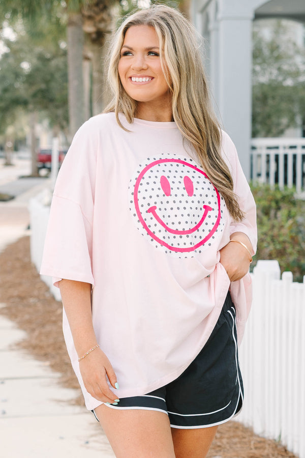 Chic Soul plus size clothing, cream pink oversized boyfriend tee with polka dot smiley face graphic