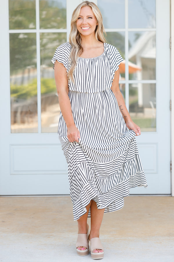 Chic Soul plus size clothing, ivory and black striped maxi dress with flowy sleeves and a cinched waistline