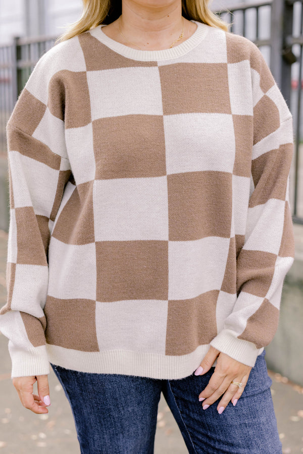 Chic Soul plus size clothing, brown and cream checker print long sleeve crewneck sweater