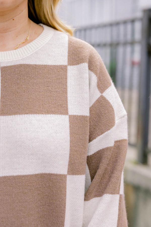 Chic Soul plus size clothing, brown and cream checker print long sleeve crewneck sweater