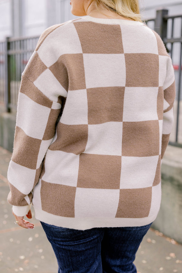 Chic Soul plus size clothing, brown and cream checker print long sleeve crewneck sweater