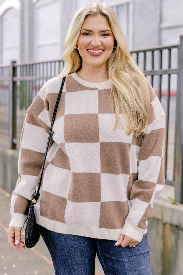Chic Soul plus size clothing, brown and cream checker print long sleeve crewneck sweater