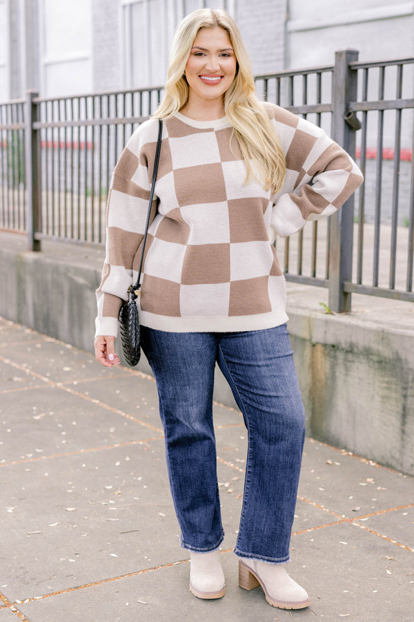 Chic Soul plus size clothing, brown and cream checker print long sleeve crewneck sweater