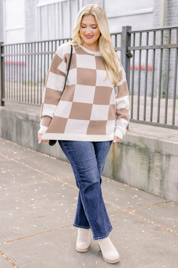 Chic Soul plus size clothing, brown and cream checker print long sleeve crewneck sweater