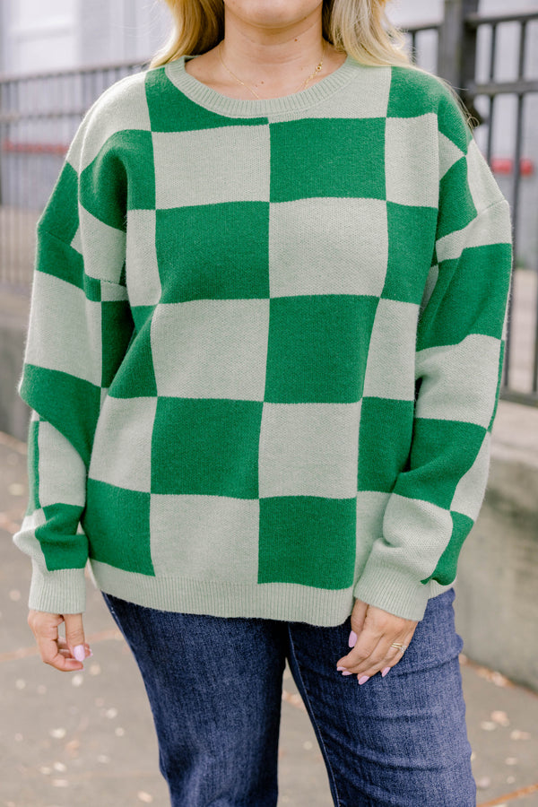 Chic Soul plus size clothing, 2 toned green checkered print long sleeve crewneck sweater