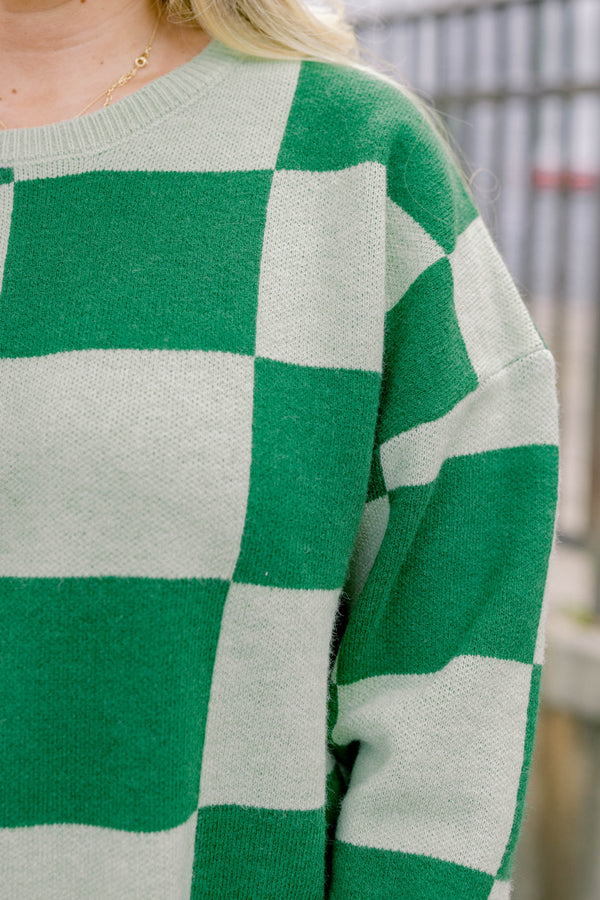 Chic Soul plus size clothing, 2 toned green checkered print long sleeve crewneck sweater