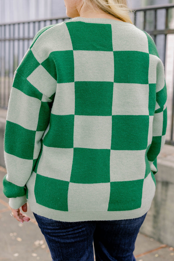 Chic Soul plus size clothing, 2 toned green checkered print long sleeve crewneck sweater
