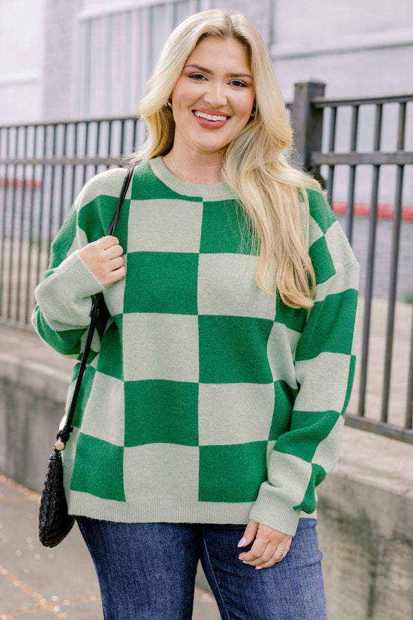 Chic Soul plus size clothing, 2 toned green checkered print long sleeve crewneck sweater