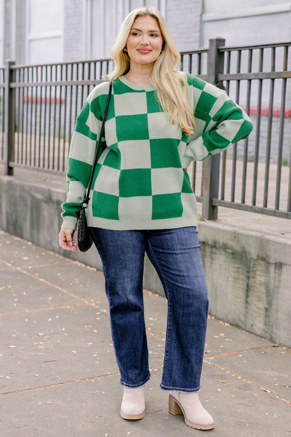 Chic Soul plus size clothing, 2 toned green checkered print long sleeve crewneck sweater