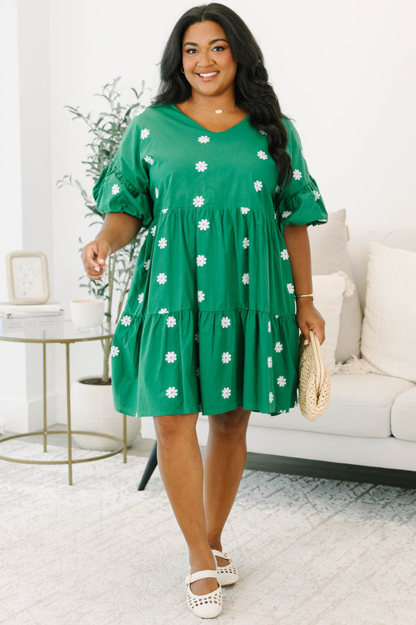 Chic Soul plus size clothing, green short sleeve tiered mini dress with round neckline with puff sleeve detail with white embroidered flowers