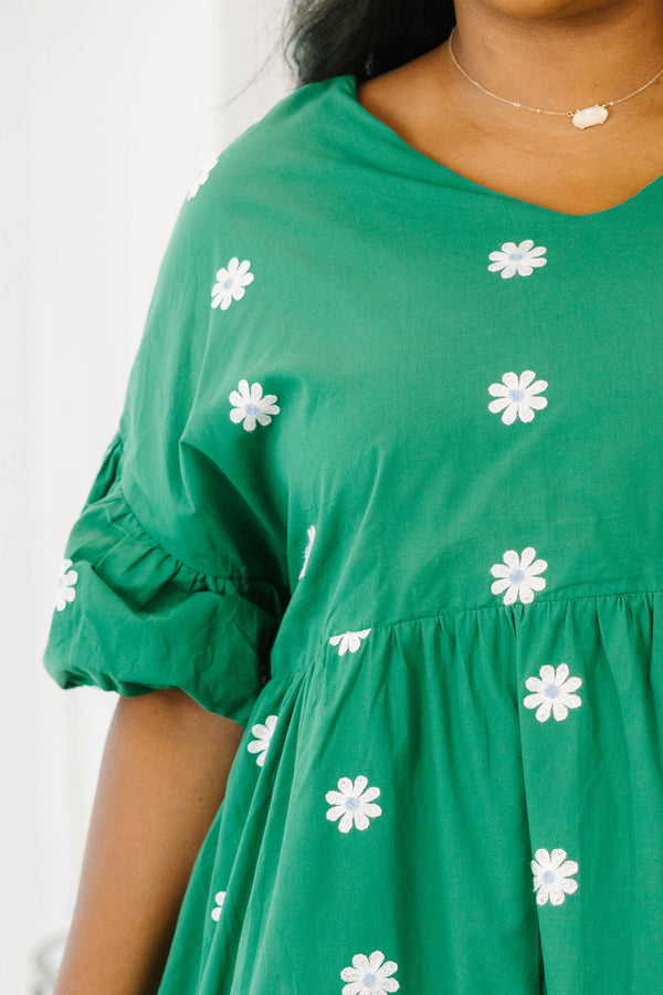 Chic Soul plus size clothing, green short sleeve tiered mini dress with round neckline with puff sleeve detail with white embroidered flowers