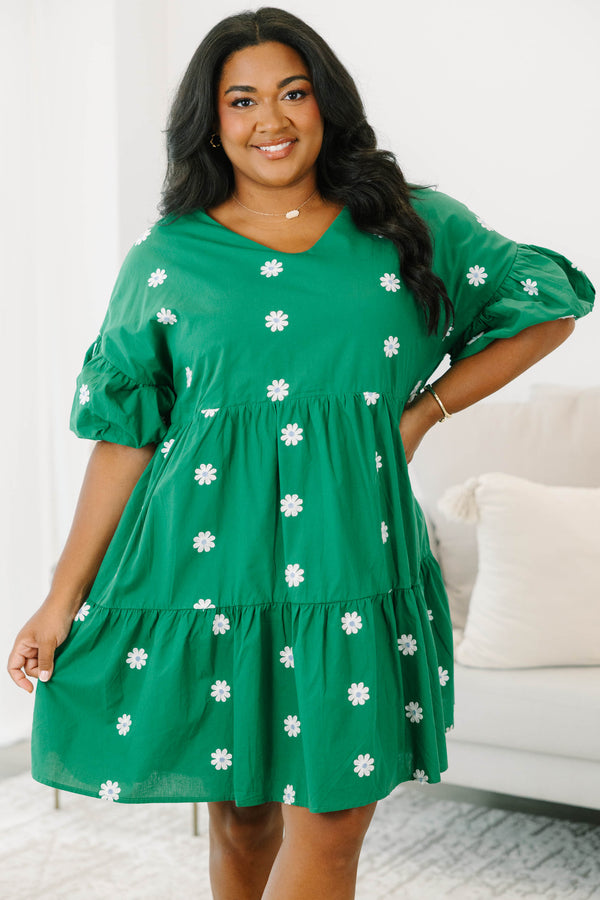 Chic Soul plus size clothing, green short sleeve tiered mini dress with round neckline with puff sleeve detail with white embroidered flowers