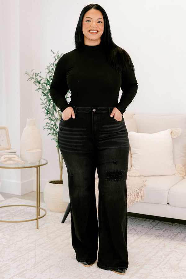 Chic Soul plus size clothing, black full length flair jeans with distressing on leg