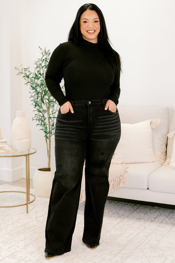 Chic Soul plus size clothing, black full length flair jeans with distressing on leg