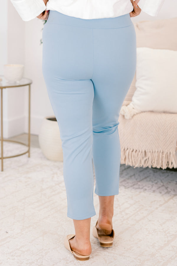 Chic Soul plus size clothing, pale blue ankle length pants with a stretch waistband and two front pockets 

