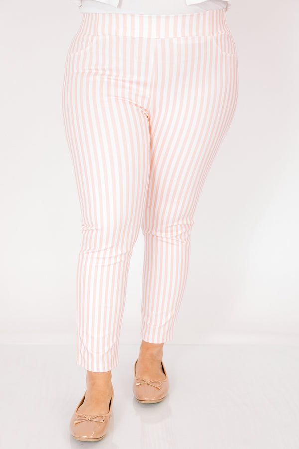 Chic soul plus size clothing, pink striped ankle length pants with two faux front pockets and a stretch waistband 