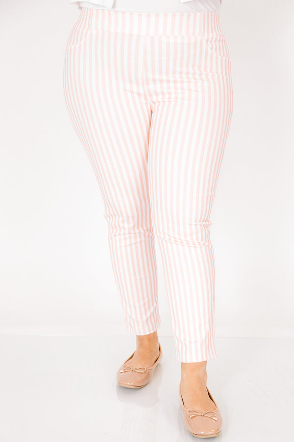 Chic soul plus size clothing, pink striped ankle length pants with two faux front pockets and a stretch waistband 
