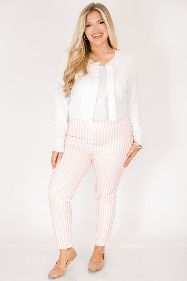 Chic soul plus size clothing, pink striped ankle length pants with two faux front pockets and a stretch waistband 