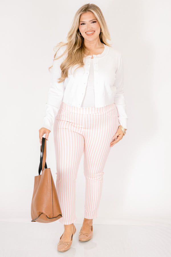 Chic soul plus size clothing, pink striped ankle length pants with two faux front pockets and a stretch waistband 
