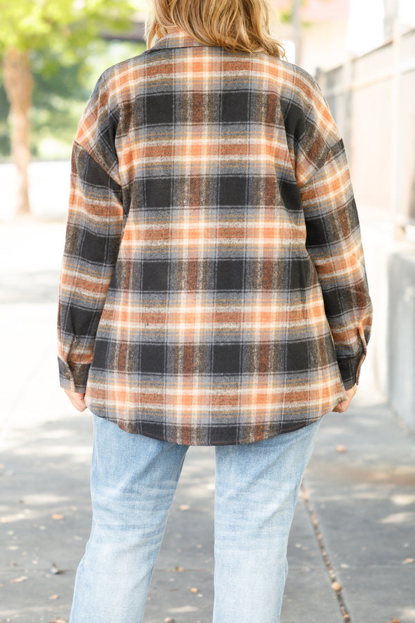 Chic Soul plus size clothing, orange and navy blue flannel with pockets