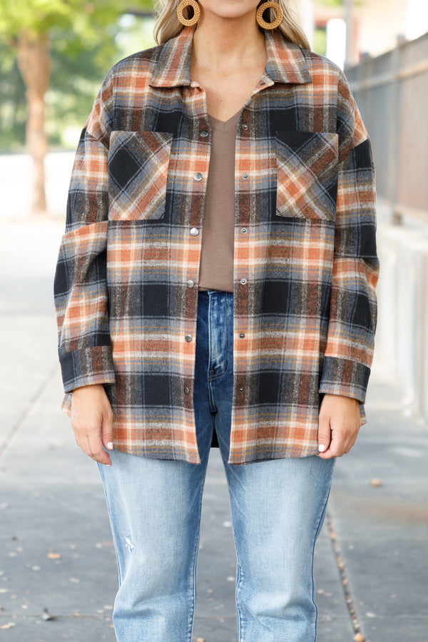 Chic Soul plus size clothing, orange and navy blue flannel with pockets