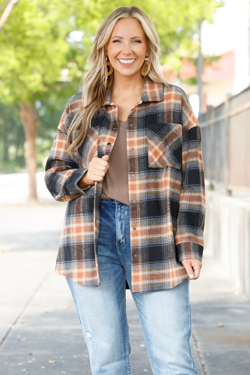 All On You Black & Burnt Orange Flannel Button Down Shacket
