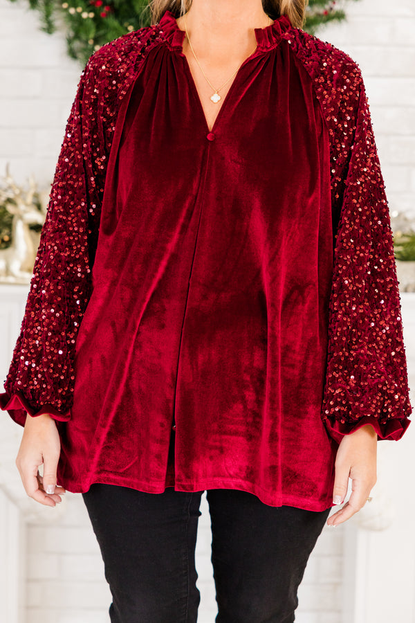 Chic Soul plus size clothing, burgundy long sleeve velvet blouse with button up detail and v neckline with green sequin bubble sleeves