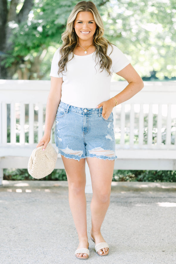 Plus Size medium wash denim shorts with heavy distressing and frayed hems.