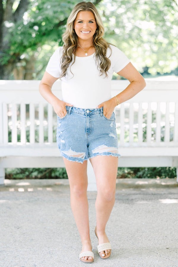 Plus Size medium wash denim shorts with heavy distressing and frayed hems.