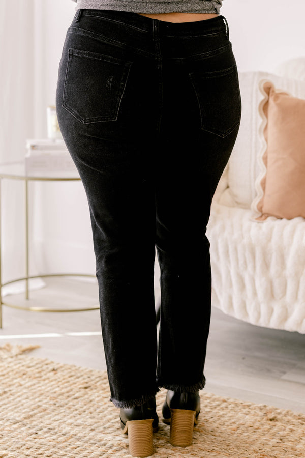 Chic Soul plus size clothing, black high rise jeans with a slight flair and distressed hem