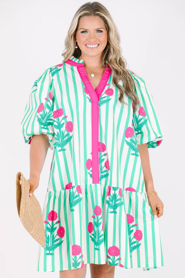 Plus Size green and white striped dress with pink floral print, split v-neck, and puff sleeves.