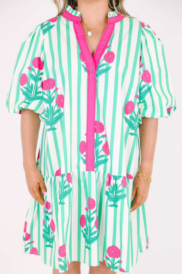 Plus Size green and white striped dress with pink floral print, split v-neck, and puff sleeves.