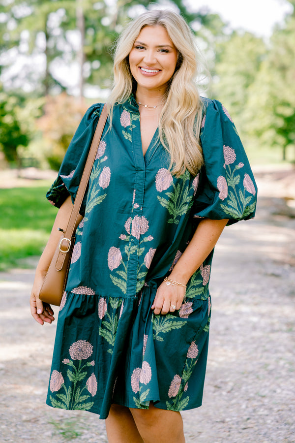 Chic Soul plus size clothing, dark green short puff sleeve dress with large pink floral print 