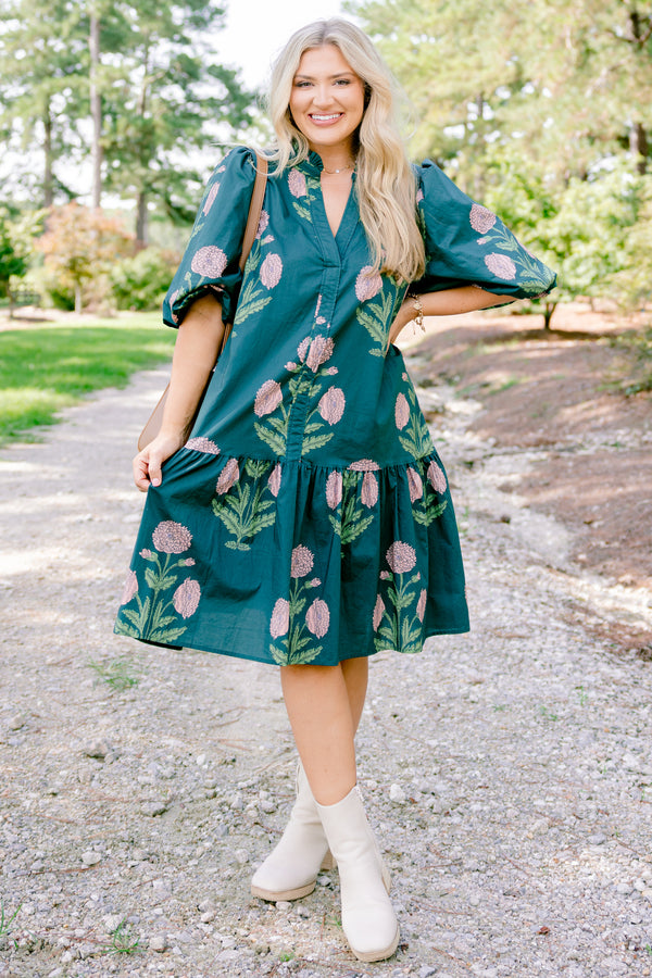Chic Soul plus size clothing, dark green short puff sleeve dress with large pink floral print 