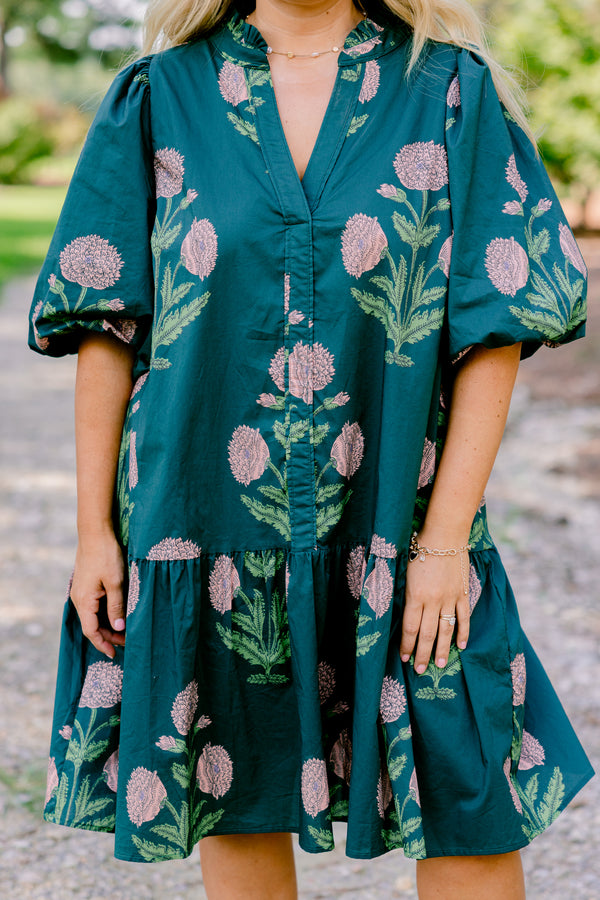 Chic Soul plus size clothing, dark green short puff sleeve dress with large pink floral print 