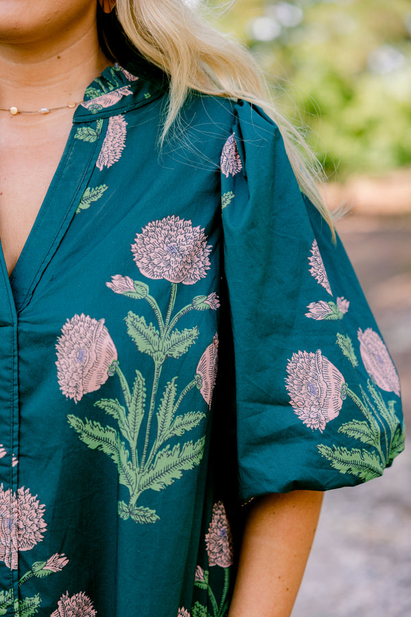 Chic Soul plus size clothing, dark green short puff sleeve dress with large pink floral print 