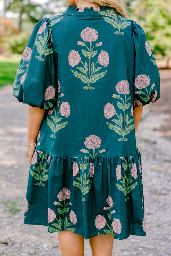 Chic Soul plus size clothing, dark green short puff sleeve dress with large pink floral print 