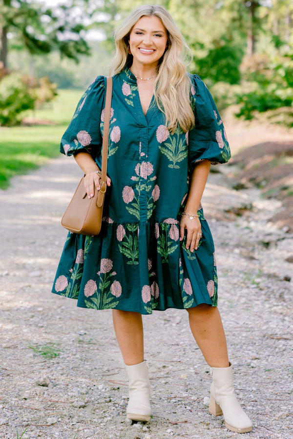 Chic Soul plus size clothing, dark green short puff sleeve dress with large pink floral print 