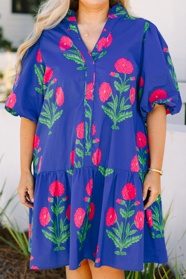 Chic Soul plus size clothing, bright blue short puff sleeve baby doll dress with bright pink and green floral print 