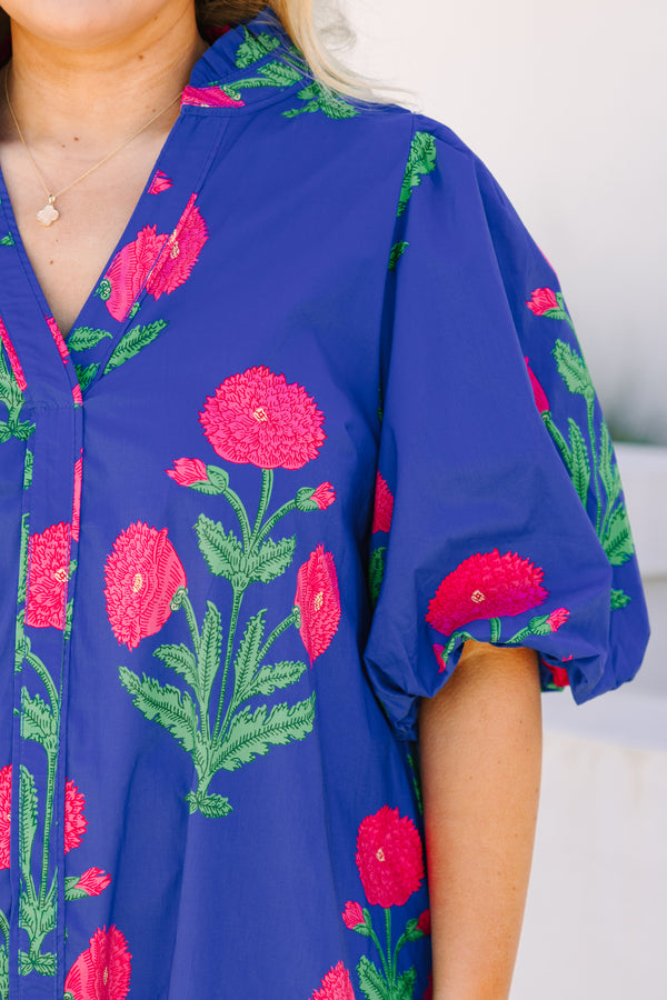 Chic Soul plus size clothing, bright blue short puff sleeve baby doll dress with bright pink and green floral print 