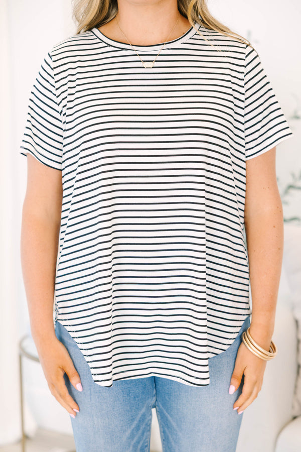 Chic Soul plus size clothing, short-sleeve black ivory top with a high-scoop-neckline and a minimalistic striped pattern 