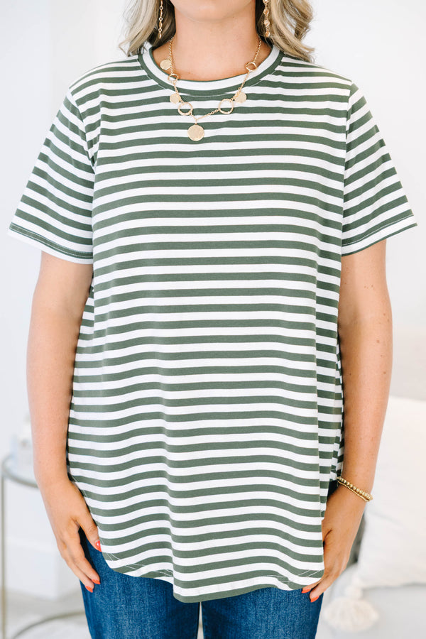Plus Size olive and cream striped short sleeve top with a crew neckline and relaxed fit.