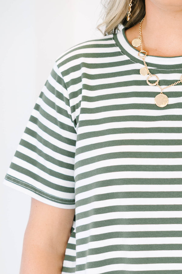 Plus Size olive and cream striped short sleeve top with a crew neckline and relaxed fit.