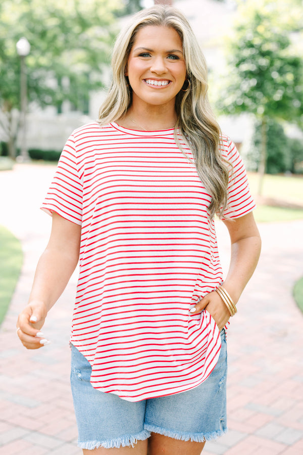 red and white striped plus size top with a relaxed fit and short sleeves.