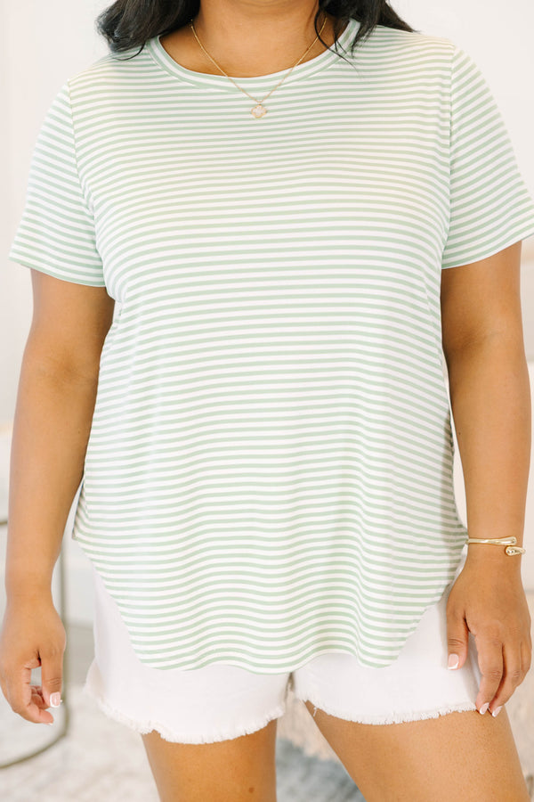 Plus Size sage and white horizontal striped short sleeve top with a crew neckline.
