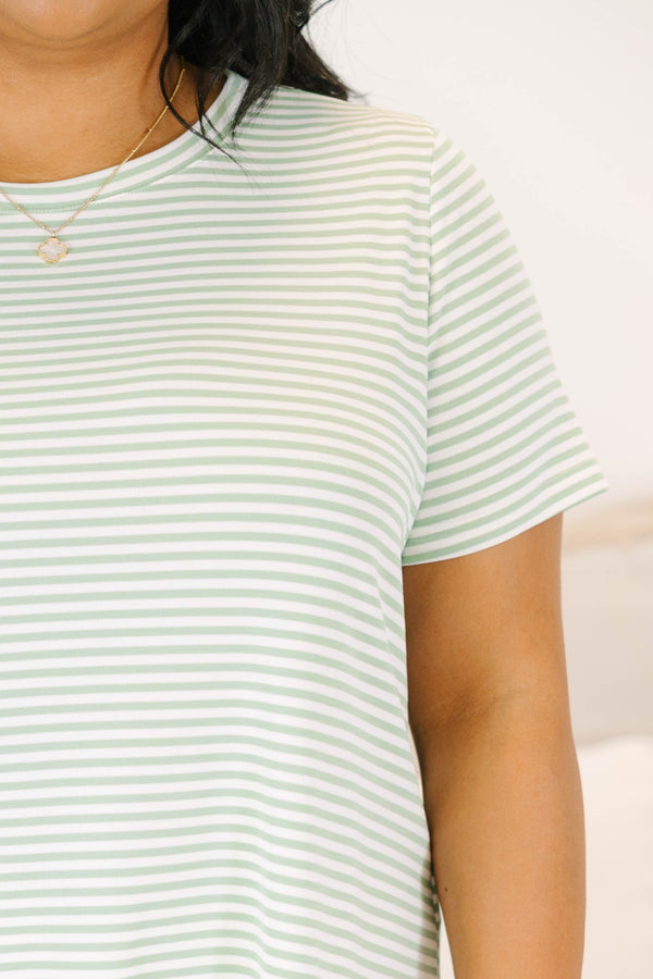 Plus Size sage and white horizontal striped short sleeve top with a crew neckline.