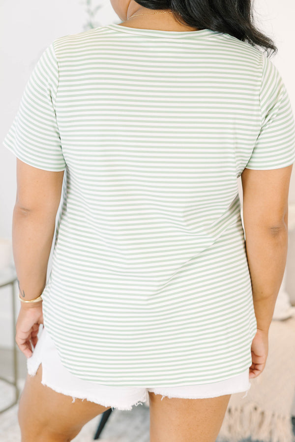 Plus Size sage and white horizontal striped short sleeve top with a crew neckline.