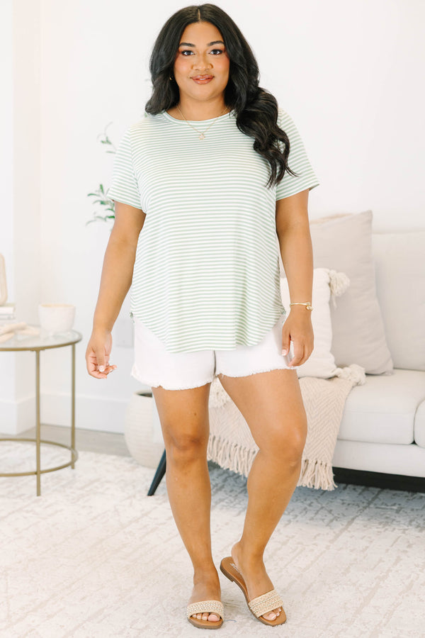 Plus Size sage and white horizontal striped short sleeve top with a crew neckline.